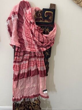 The J Peterman Company, vintage scarf is a crinkled, multi-tonal pink accessory